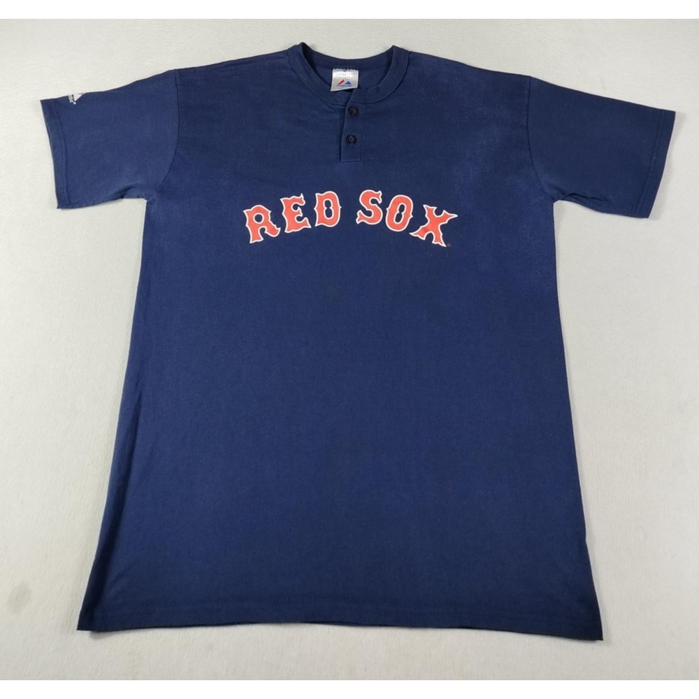 Vintage Majestic Boston Red Sox Shirt Mens XL Blue MLB Baseball Henley Tee‎